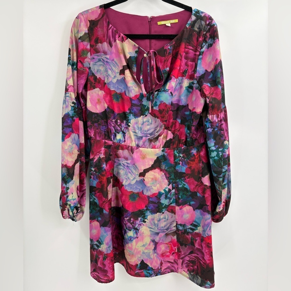 Gianni Bini Floral Dress Lined Balloon Sleeves Flirty Tie Front Keyhole medium